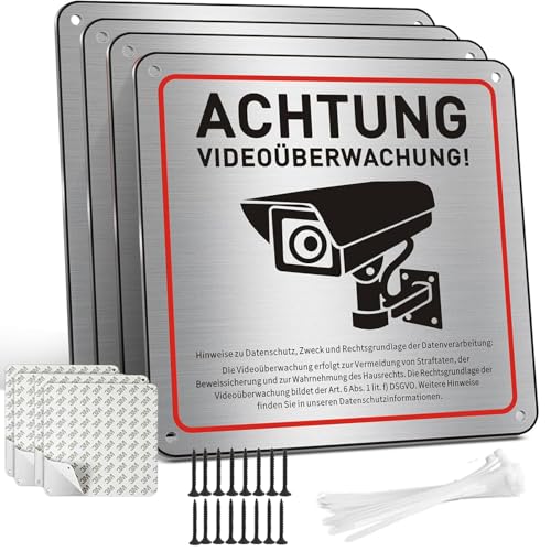 BEKOIUP 4 carteles de videovigilancia de 15 x 15 cm, de aluminio, con aviso DSGVO, con autoadhesivo y 4 agujeros, para cámara de vigilancia o cámara falsa