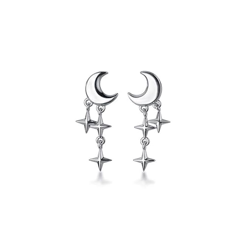 SLUYNZ 925 Sterling Silver Tiny Moon Star Earrings Studs for Women Teens Small Moon Studs Earrings Star Drop - A-Silver