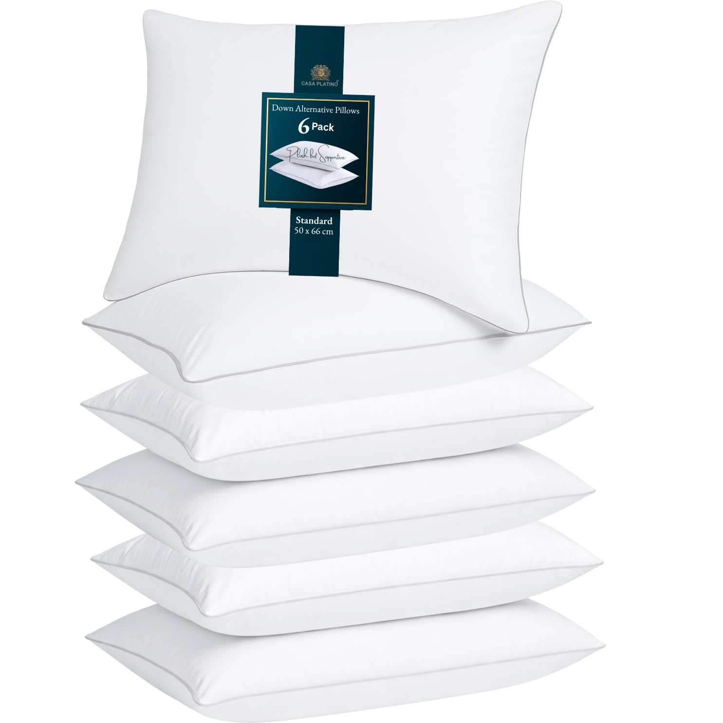 Casa Platino White Pillows 6 Pack Standard Size, (White) Hotel Quality Pillows, Brushed Fabric, Bed Pillow For Back, Stomach Or Side Sleepers - 20 X 26 Inch / 50 X 66 Cm