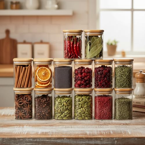 Image of ginoya brothers Airtight Borosilicate Glass Square Jar With Wooden Or Steel Lid Multi-Size, Container for Spices, Coffee, Grains, Snacks & Kitchen Organization (4, WOODEN LID, 270 ML)