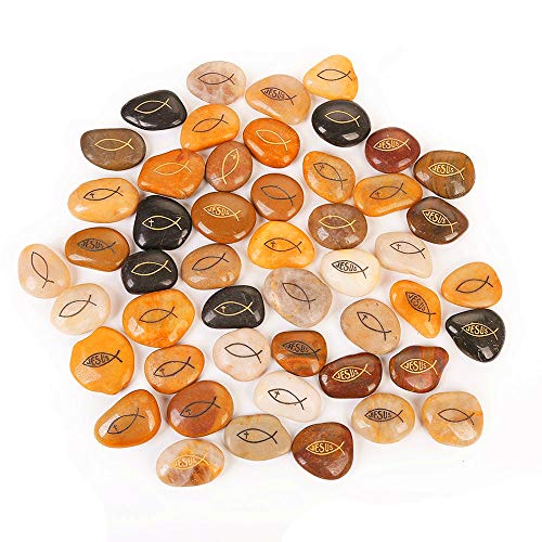 ROCKIMPACT 50PCS Jesus Fish Cross Christian Ichthys Ichthus Engraved Inspirational Rocks Faith Worry Stones Gratitude Rocks Healing Stones Wholesale Bulk Gifts Fish Cross Rocks, 2