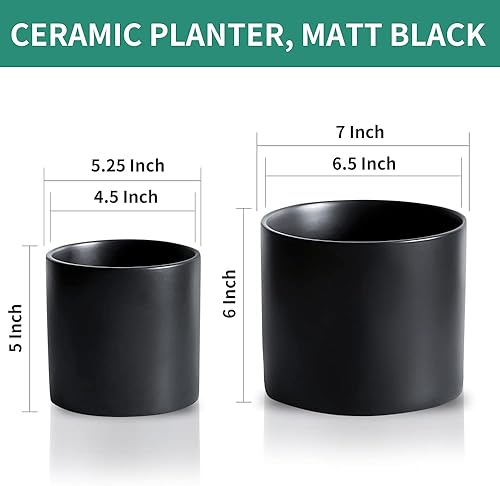 Miniatura 2 de Nihow Maceta de cerámica de 5 y 7 pulgadas para plantas de interior, para hierbas, serpientes, suculentas, orquídeas, maceta cilíndrica, color negro