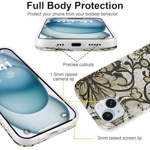 Coque iPhone 15 de 6.1 pouces, dentelle florale verte délicate