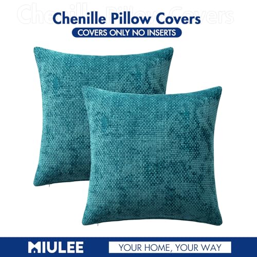 Image of MIULEE Pack of 2 Couch Throw Pillow Covers 18x18 Inch Coastal Teal Modern Boho Accent Decorative Pillow Covers Soft Chenille Farmhouse Cushion Covers for Home Decor Bed Sofa Living Room