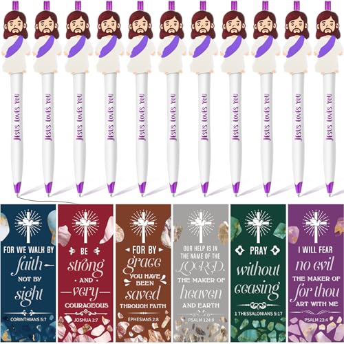 CroBlissful 48 Pcs Christian Jesus Pens Gift for Kid Sunday School Prize Religious Easter Gift Bible Verse Pen Bulk Jesus Loves You Ballpoint Pen with Bible Verse Bookmarks for Catholic(Classic Style)
