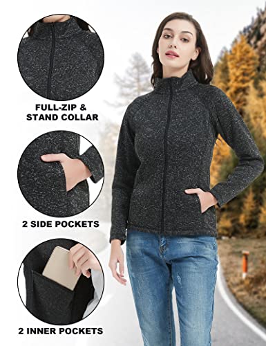Slowtown Women's Sweater Fleece Jacket Zip-Up Sweater Lightweight Speckled Jacket With Pockets (Black, Large) #TOP4