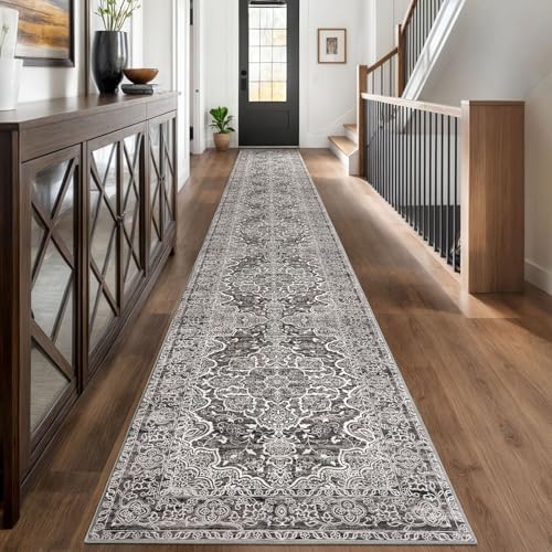 KUTA Extra Long Runner Rug for Hallway 2.6x18ft, Vintage Washable Kitchen Rugs, Tan Grey Non-Slip Stair Runners Indoor Ultra Soft Printed Floral Carpet for Bedroom Living Room Nursery