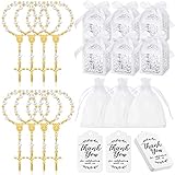 200 Pcs Baptism Favors Set, 50 Pieces Mini Rosary 50 Pieces Baptism Party Gift Wrap Boxes 50 Pieces Organza Bags with Drawstring 50 Pieces Thank Tags for Baby's Christening Communion Kitchen(Gold)