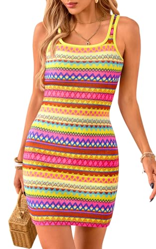 Image of PRETTYGARDEN Womens 2026 Summer Mini Dresses Square Neck Sleeveless Tank Bodycon Striped Boho Sundress Beach Vacation Outfits