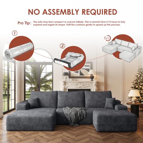 Image of Boneless Couch, Modular Sectional Couches for Living Room, U-Shaped Cloud Couch Sofa with Deep Seat, Fluffy Corduroy Upholstered Corner Sofa