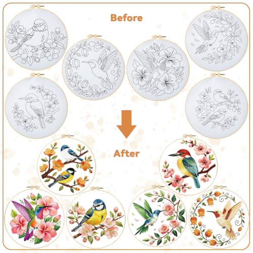 Image of BEUNITONE 6 Set Embroidery Kit for Beginner Adults, Hummingbird & Flower Cross Stitch Set with Stamped Pattern Hoops Threads Cloth Needles, Embroidery Starter Kit for Home Decoration and Gifting