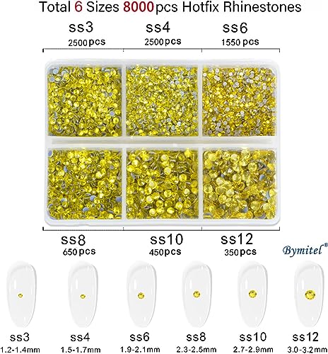Image of Bymitel Hotfix Crystal Rhinestones Round Gems for Crafts,Mixed 6 Sizes with Wax Pencil Kit, Citrine1.3-3.2mm(SS3-SS12 /8000pcs)