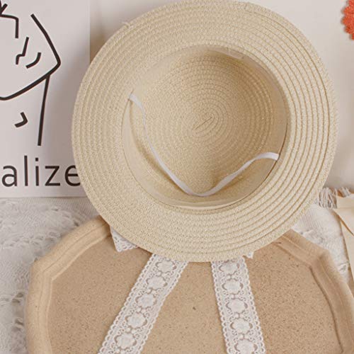 Fisherman Hat Toddler Kids Woven Straw for Sun Hat with Lace Ribbon Bow Floppy Sunscreen Beach Beige2