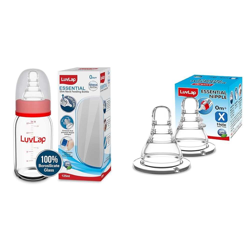 LuvLap Essential Slim Neck Glass Feeding Bottle, 125ml, 0m+/Babies Upto 3 Years, White & Red, Pack of 1 & Luvlap Essential Teat/Nipple for Slim Neck Bottle, 2pcs, Variable Flow, 9m+