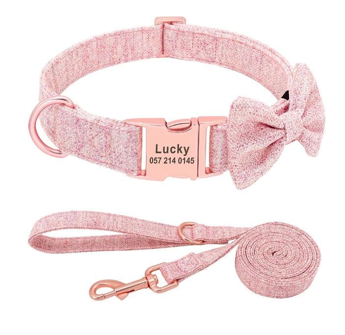 Set Collare Per Cane Personalizzato Morbido Con Fiocco Con Nome Personalizzato Inciso Collare Per Cane In Nylon Stampa Guinzaglio Per Cani Di Taglia Piccola,Media E Grande,Pink,M
