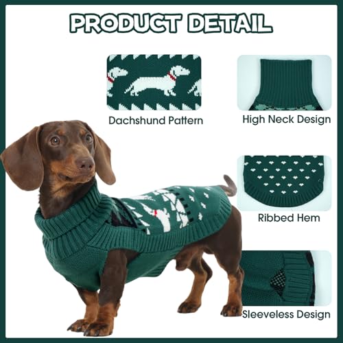Hjyokuso Dackel Pullover M, Süßer Hundepullover mit Dackelmuster, Rollkragen Strickpullover für kleine Hunde, Weicher Winter Hundemantel, Weihnachten & Geburtstag Grün