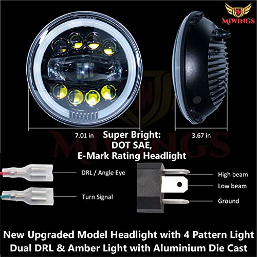 Image of Miwings 7 inch Round LED 1LNG8CB Style Hi /Low Beam Amber & White Headlight 75W H4 Compatible with Royal Enfield, Jeep, Thar, motorcycle, Cars, Harley Davidson