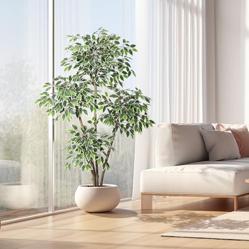 GarveeHome 6ft Artificial Ficus Tree,Tall Faux Floor Plant with White Tall Planter -Fake Plants for Home Decor Indoor with 4 Natural Trunks & White-Edged Leaves,Faux Greenery Tree for Garden Decor