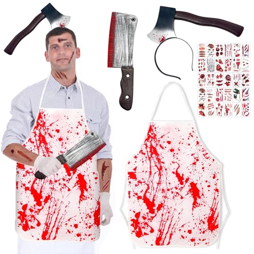 POWZOO Costume da Macellaio per Halloween,Grembiule Insanguinato,Coltello,Coltello in Testa, 30 Tatuaggi,per Carnevale, Cosplay, Mascherata,Rollenspiele da Donna/Uomo