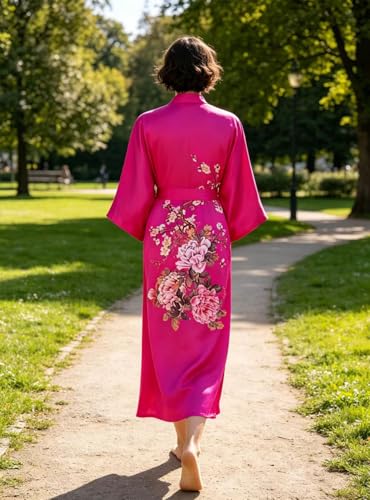 Image of Women's Classic 100% Silk Kimono Robe, Bathrobe-Printed Pattern