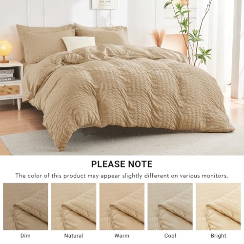 Image of HYMOKEGE Khaki Oversized King Comforter Set Seersucker 7 Pieces, All Season Luxury Bed in a Bag for Bedroom, Bedding Set with Comforter, Sheets, Pillowcases & Shams