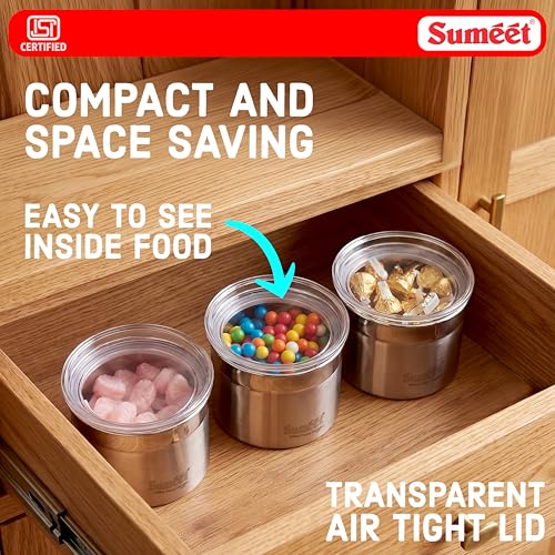 Image of Sumeet ISI Certified Stainless Steel Small Canisters /Dabba /Storage Containers for Kitchen with See Through Air Tight Lid - Set of 3 Pcs - 550ml, 10cm Dia, Silver
