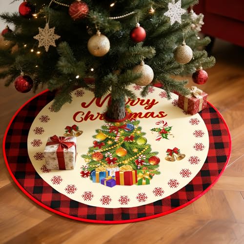Christmas Tree Skirt 36 Inch - Red Plaid Snowflake Design, Soft Fabric Mat for Holiday Decorations,