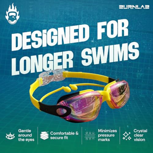 Image of BURNLAB Kids Mirrored Lens Swimming Goggles for Pool and Outdoor Swimming, Adjustable Fit, Boys and Girls (Yellow)