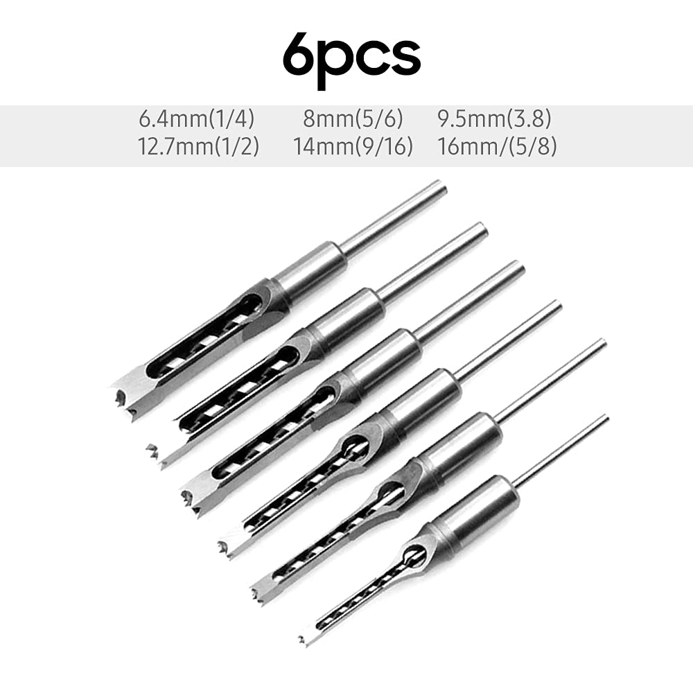 Dioche Square Hole Drill Bit, Silver Mortise Chisel Mortise and Tenon Tools with High Hardness Carbon Steel for Drill Machine Accessory (6pcs)