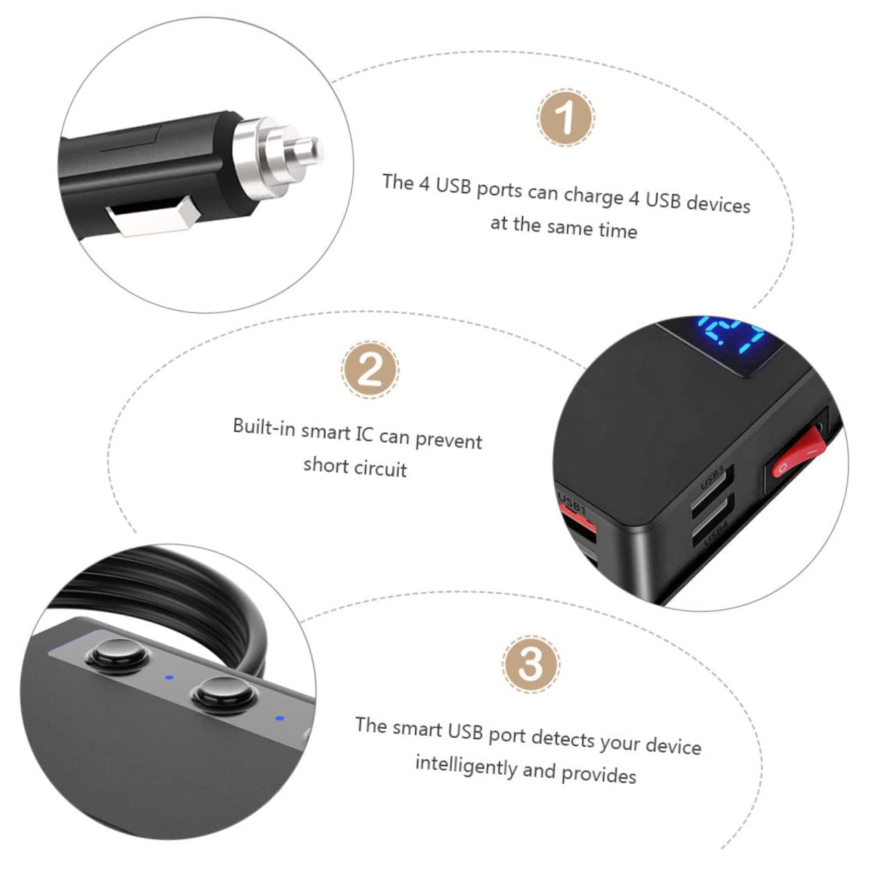 SEWACC Adaptador de Cargador para Coche 180 W, 12 V-24 V, 4 Puertos USB y 3 Tomas para Mechero, Interruptor Independiente