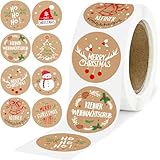CONJURAIDE 500 Stück Sticker Weihnachten, 25mm Kraftpapier Weihnachtssticker Weihnachtsaufkleber Selbstklebend Weihnachten Aufkleber Weihnachtsmotiv Sticker Weihnachtskleber für Geschenkaufkleber Deko