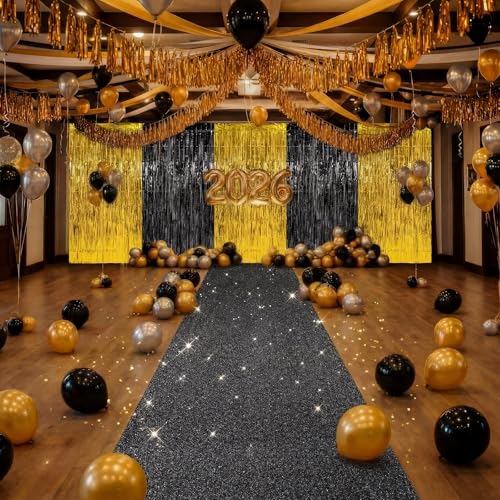 Moukeren 2026 Graduation Prom Decoration 2.5 x 30 ft Black Carpet Runner with 4 Metal Tinsel Tassel Curtains for College Graduation Ceremony Birthday Wedding Party Decor