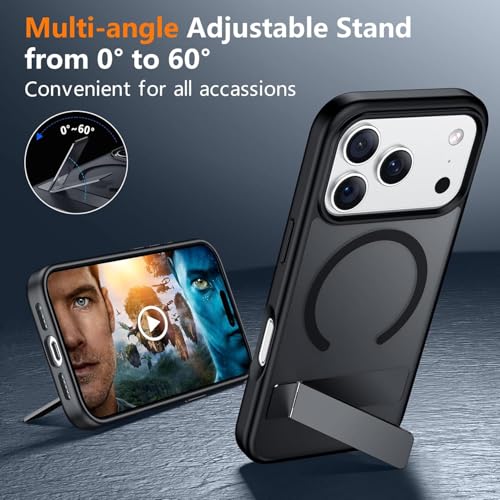 Image of Elzzi Translucent Matte Kickstand Case for iPhone 17 Pro Max, Built-in Adjustable Camera Stand, Magnetic MagSafe Shockproof Phone Cover (Black)