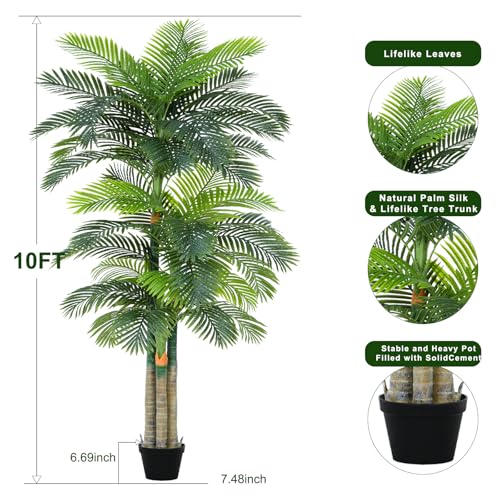 Image of 10ft Tall Triple Golden Cane Palm Artificial Tree Large Tropical Palm Tree UV Resistant Fake Plant in Pot for Indoor Outdoor Big House Living Room Outside Patio Office Home Decor 1Pack