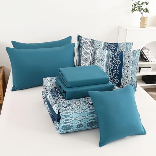 Image of Cottolester Boho Comforter Set King Size 8 Pieces, Teal Blue Comforter Bohemian Striped Bed in A Bag, Soft Microfiber Bedding Set for All Seasons