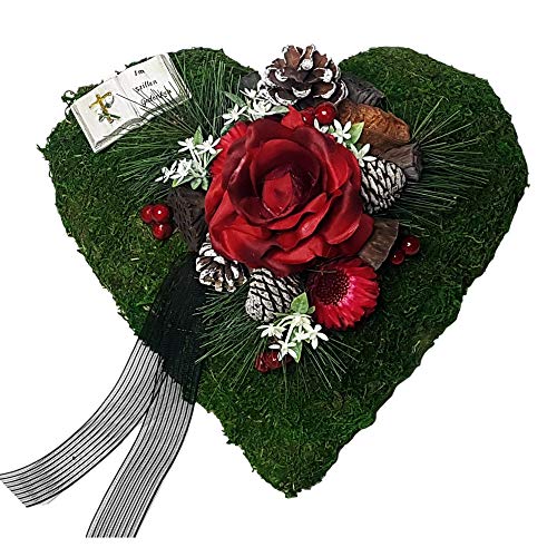 Der-kleine-Dekoladen Grabschmuck Grabgesteck Herz Rosen rot Moosherz Grabherz Trauerherz Gesteck 30cm
