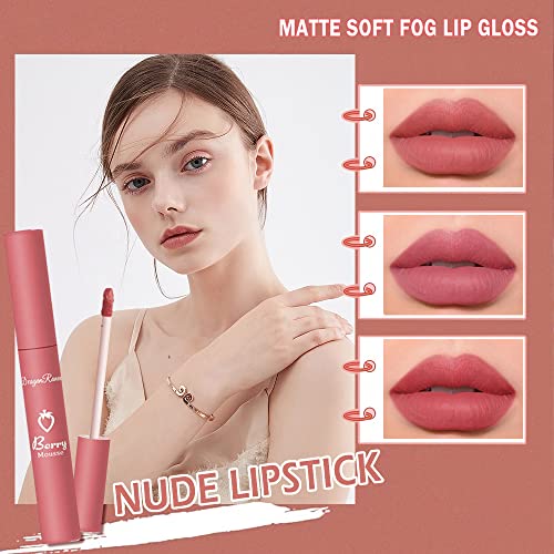 3 Pcs Nude Matte Liquid Lipstick Set, Natural Matte Velvet Lip Tint Smooth Crayon Lip Stain, Moisturizing Mini Lip Gloss Long-Lasting Waterproof Non-Stick Cup Not Fade Matte Lipstick For Women & Girls (C) #TOP1