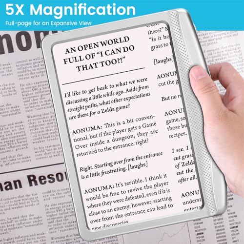 Image of Rechargeable 5X Magnifying Glass for Reading, Large Bright Full Page Magnifier with Light, Handheld LED Dimmable Lighted, Lightweight Book Magnifier for Reading Small Prints Seniors - Silver