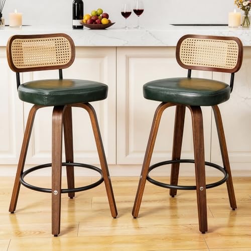 Image of Rattan Bar Stools Set of 2,Upholstered PU Leather, 26'' Counter Height Barstools with Back and Wood Legs,360Swivel,Mid-Century Modern Bar Stool for Kitchen Island Dining Room and Bar(Dark Green)