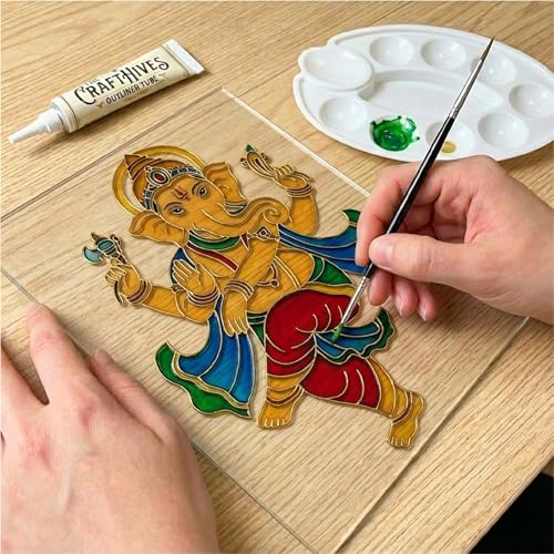 Image of The Crafthives Ganesha Glass Painting Kit | DIY Stained Glass Ganesh Art Set with Acrylic Frames, Colours, Brushes & Outliner | Creative Glass Painting Craft Kit for Kids Beginners Adults
