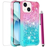 CAIYUNL for iPhone 14 Case Glitter, iPhone 13 Case with Screen Protector, Women Girls Kids Girly Cute Bling Liquid Sparkle Soft TPU Slim Silicone Shockproof Phone Cover for iPhone 13/14 -Pink Blue