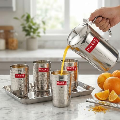 Image of HAZEL Stainless Steel Drinkware Set of 6 | Water Jug with Lid 1800ml, 4pc Hammered-Style Glasses 350ml & Serving Tray | Shiny Finish Tableware Combo for Home & Office Use