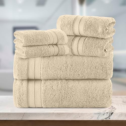 Image of Elegant Comfort Luxury 6-Piece Towel Set, Premium Soft 100% Turkish Cotton, Three Line Popcorn Design 2 Bath Towels, 2 Hand Towels and 2 Washcloths Towel Set - Quick-Drying and Absorbent, Ivory