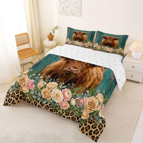 Image of Feelyou Highland Cow Bedding Set Leopard Floral Comforter Set for Kids Boys Girls Brown Safari Cheetah Animal Skin Comforter Teal Blue Wooden Decor Quilt Set Room Decor 3Pcs Full Size