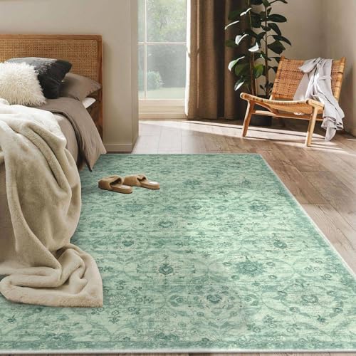 KILOCOCO 8x10 Area Rug, Moroccan Super Soft Washable Living Room Vintage Floral Rug, Non-Slip Large Print Faux Wool Throw Indoor Rug for Playroom Bedroom Office Carpet, Green