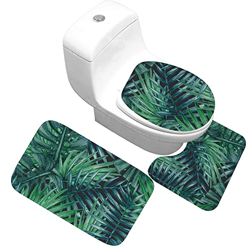 Badematten Set,Badematten Teppich-Set 3-Teilig Tropische Pflanze Palmblatt 3D-Druck Rutschfeste Badematten Weiche…