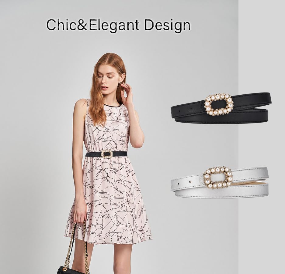 COTIM COYIN Women's Belt Elegant Pearl Shiny Rhinestone Rectangle Buckle Belt, Skinny Leather Adjustable Belt2