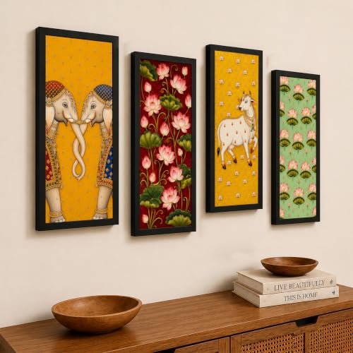 Image of Paintingmantra Traditional Floral Pichwai Framed Wall Art Painting For Living Room | Elephant, Lotus Flowers, Cow Poster with Frame for Wall, Decoration item for Bedroom, Set of 4, Size- 9.5x19.5 Inch