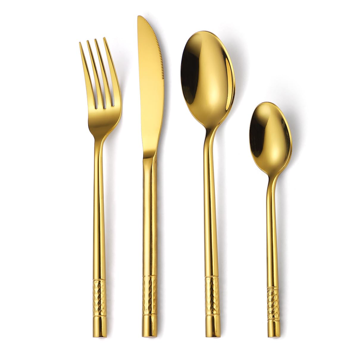 OLSKFUH Cutlery Flatware Cutlery Set, 4/16/24/32/40/48 Pieces Thick Stainless Steel Hammer Point Round Handle Cutlery Set Steak Knife, Fork And Spoon,Gold-8Set-32Pcs