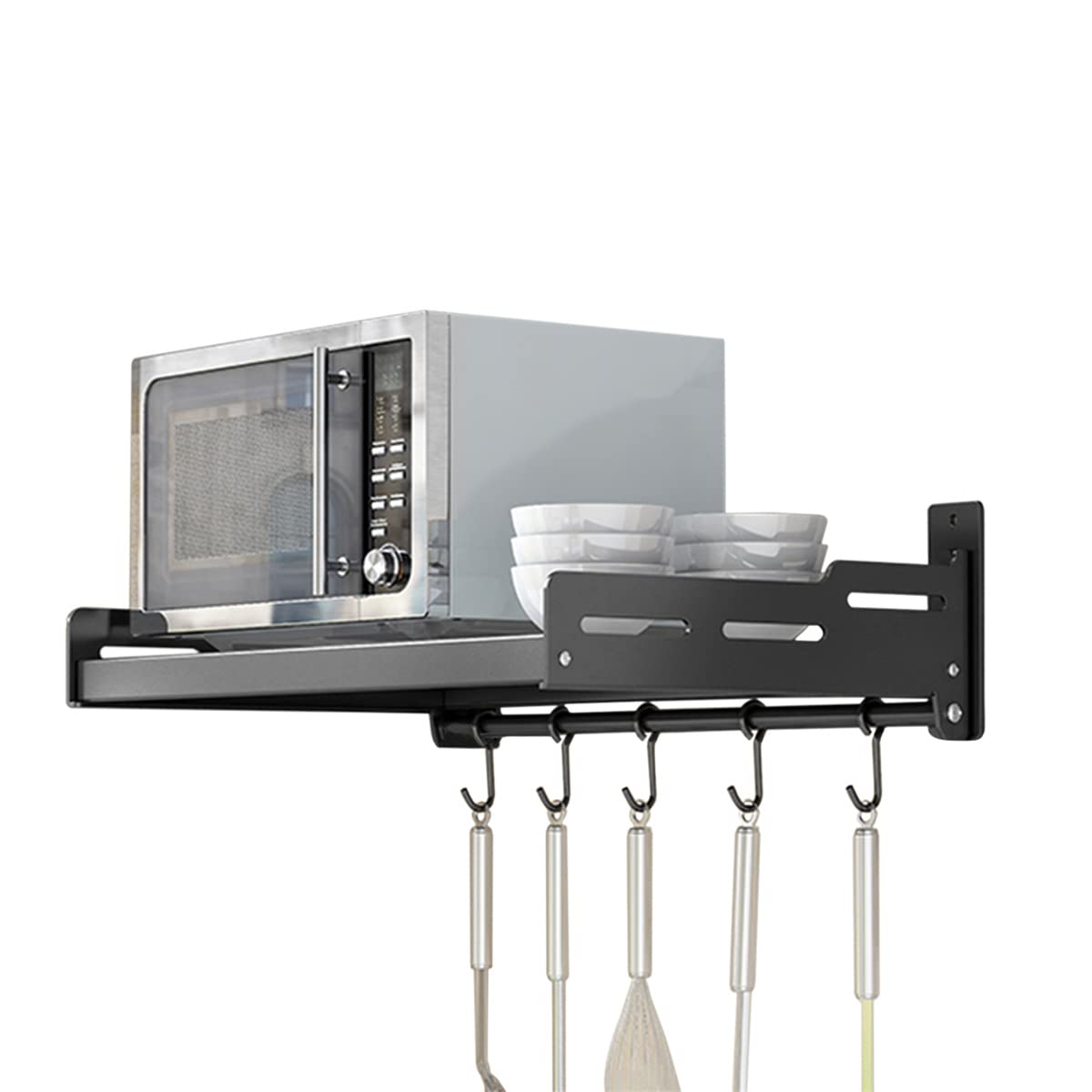 Redwestmelon Microwave Oven Rack, Wall Mounted Stainless Steel Shelf Holder with 5 Hooks